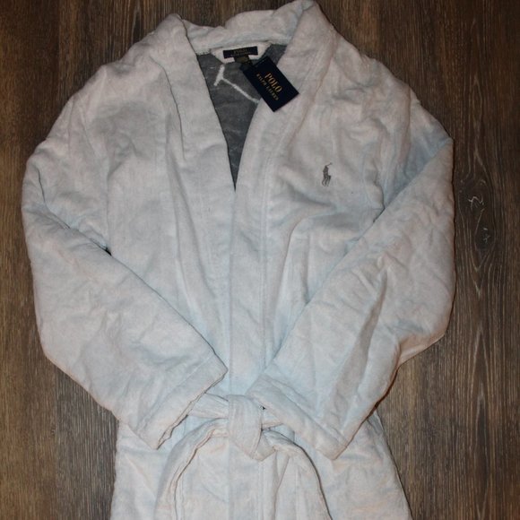 NWT MEN'S POLO RALPH LAUREN BIG PONY VELOUR PLUSH BATH ROBE WHITE GRAY - Picture 3 of 8